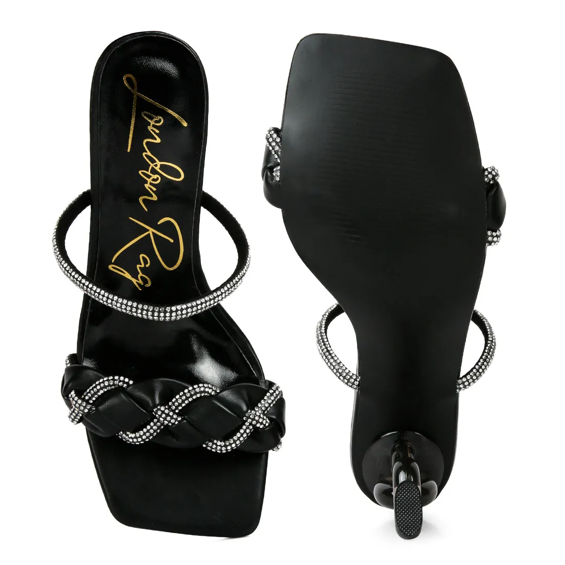 Black Diamante Detail Mid Heel Sandals