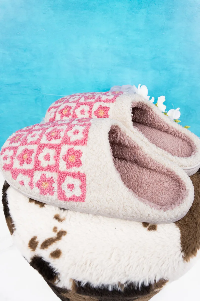 Checked Out Pink Flower Plush Slippers