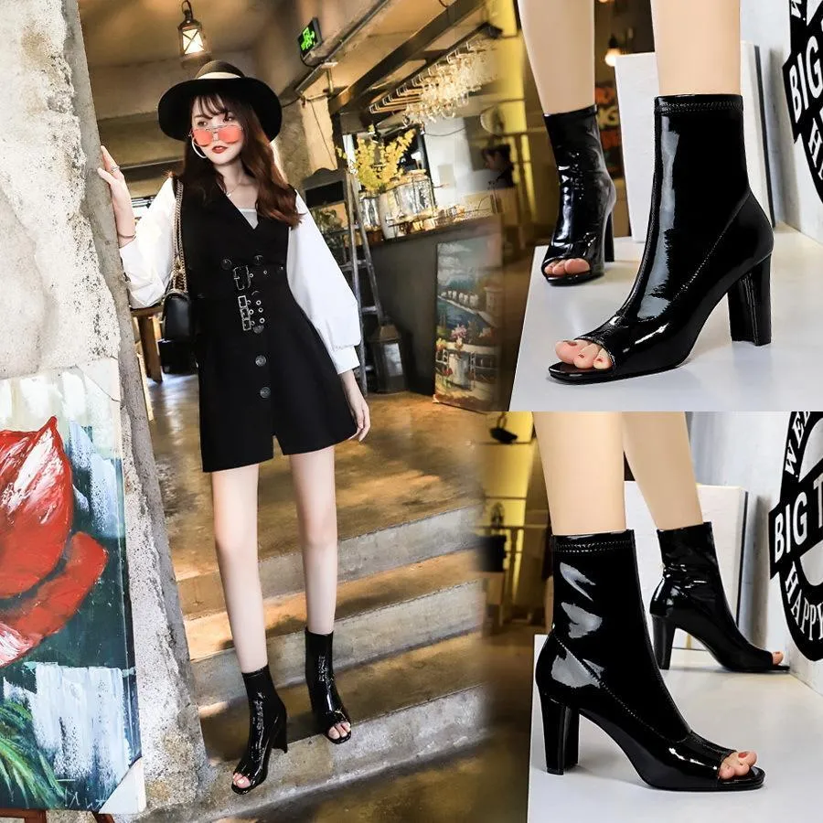 Chicvane Womens Shiny Patent Leather Peep Toe Mid Calf Boots