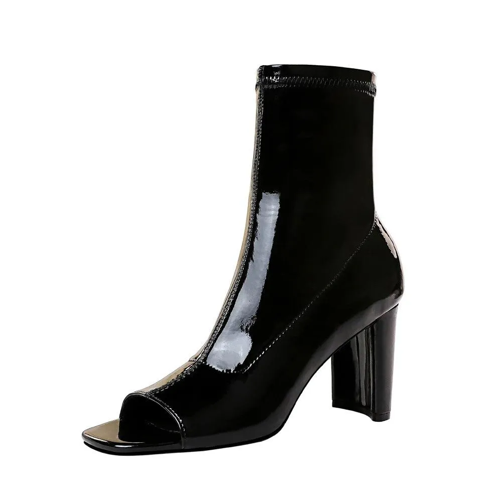 Chicvane Womens Shiny Patent Leather Peep Toe Mid Calf Boots