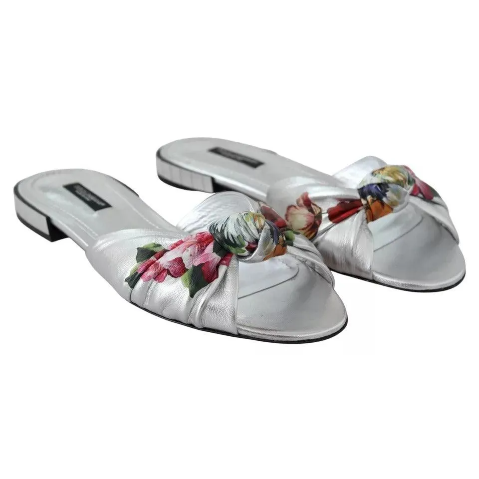 Dolce & Gabbana Silver Metallic Leather Floral Pattern Shoes
