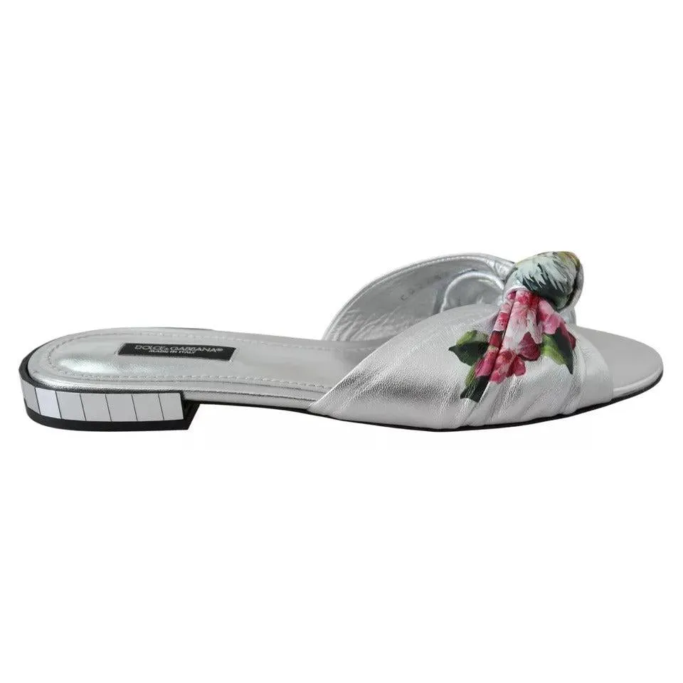 Dolce & Gabbana Silver Metallic Leather Floral Pattern Shoes