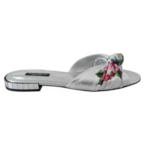 Dolce & Gabbana Silver Metallic Leather Floral Pattern Shoes