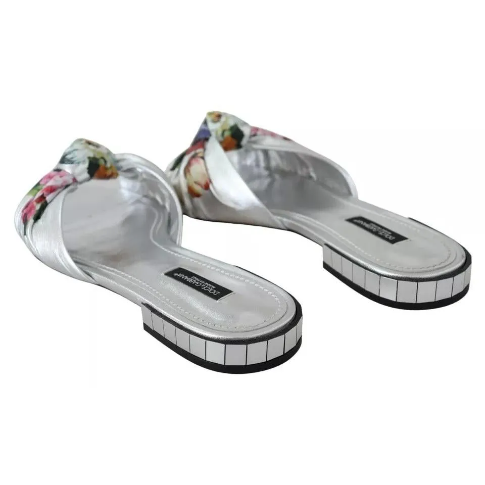 Dolce & Gabbana Silver Metallic Leather Floral Pattern Shoes