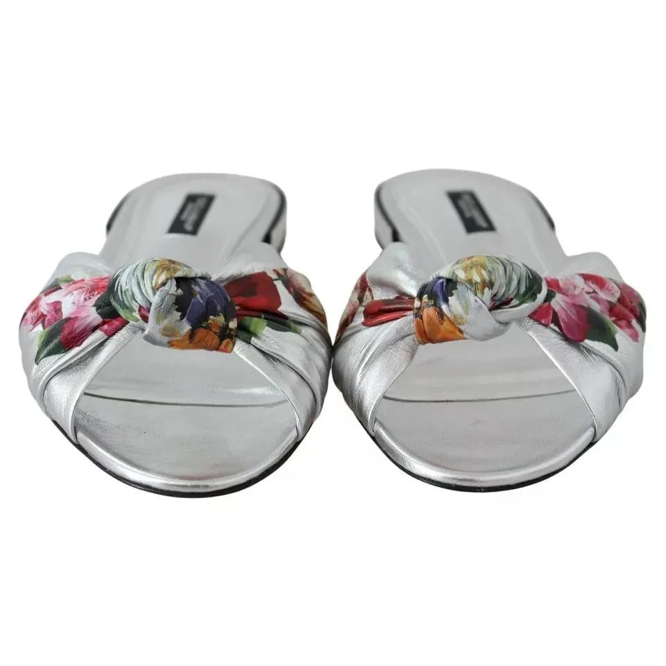 Dolce & Gabbana Silver Metallic Leather Floral Pattern Shoes
