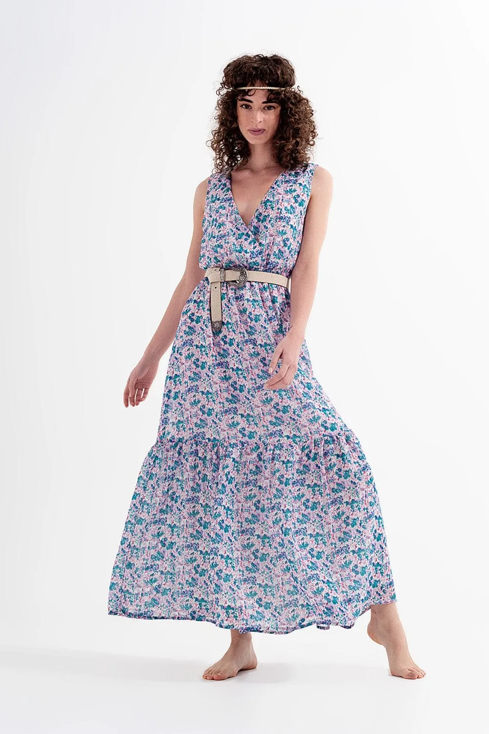 Floral Sleeveless Maxi Dress In Green