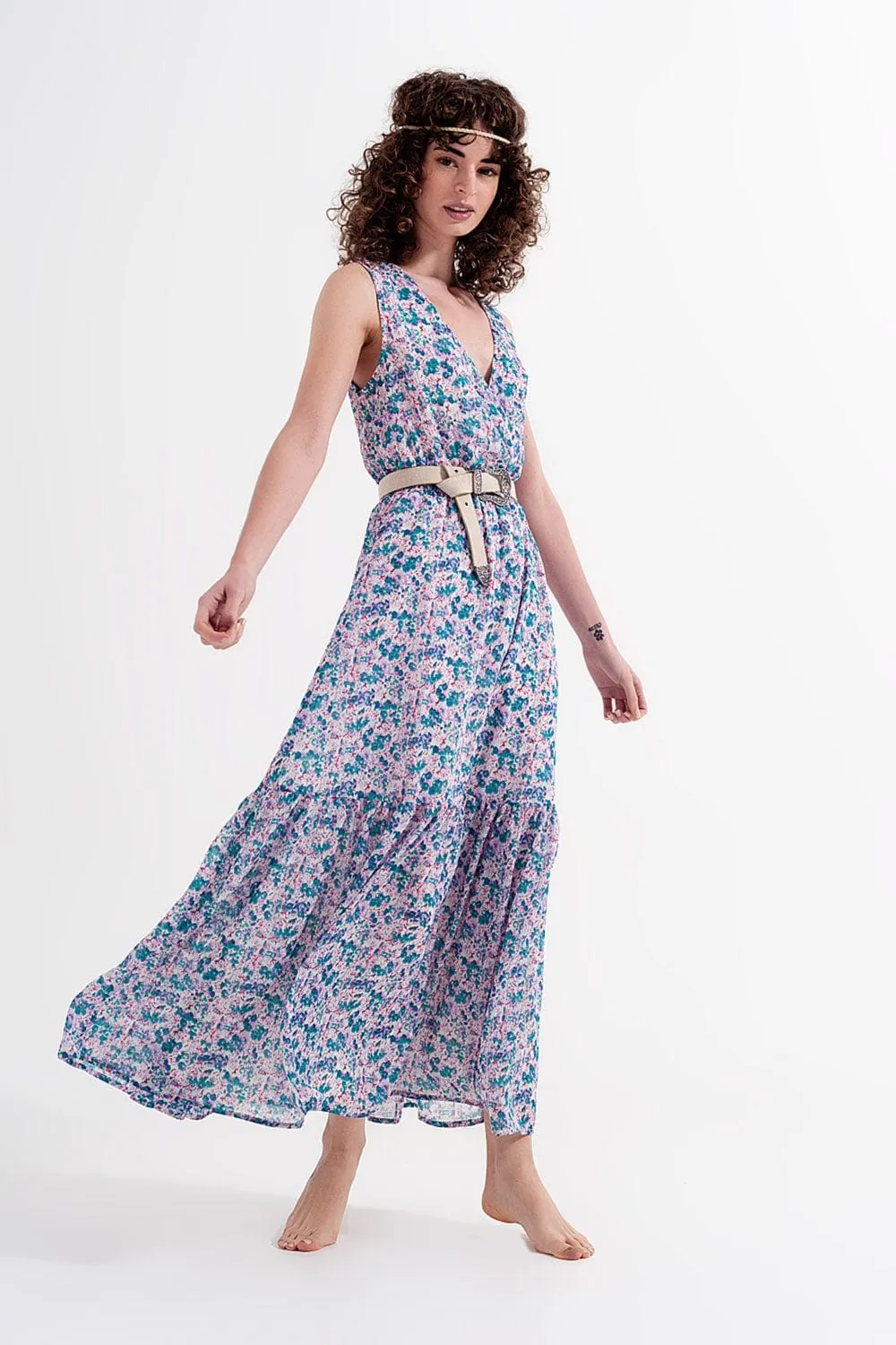 Floral Sleeveless Maxi Dress In Green