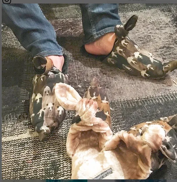 Holly Frean Illustrated Fabric Babouche Slippers..Brown bears with Orange Lining
