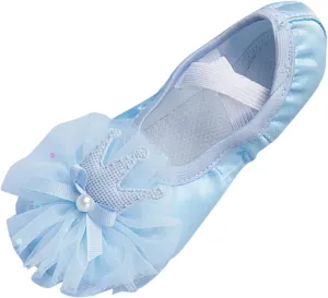 Leather Ballet Shoes Toddler Girls Ballet Slippers with Bow No-Tie Baby Dance Shoes Non-Slip Yoga Shoes (Blue, 13.5 Little Child)