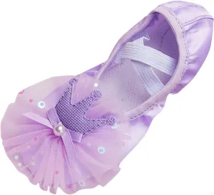 Leather Ballet Shoes Toddler Girls Ballet Slippers with Bow No-Tie Baby Dance Shoes Non-Slip Yoga Shoes (Purple, 3.5 Big Kids)