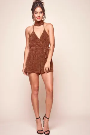 Shae Shimmery V Neck Romper Rust