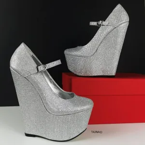 Silver High Heel Mary Jane Wedges