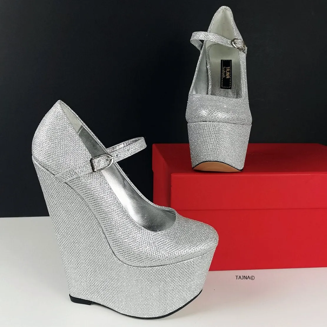 Silver High Heel Mary Jane Wedges