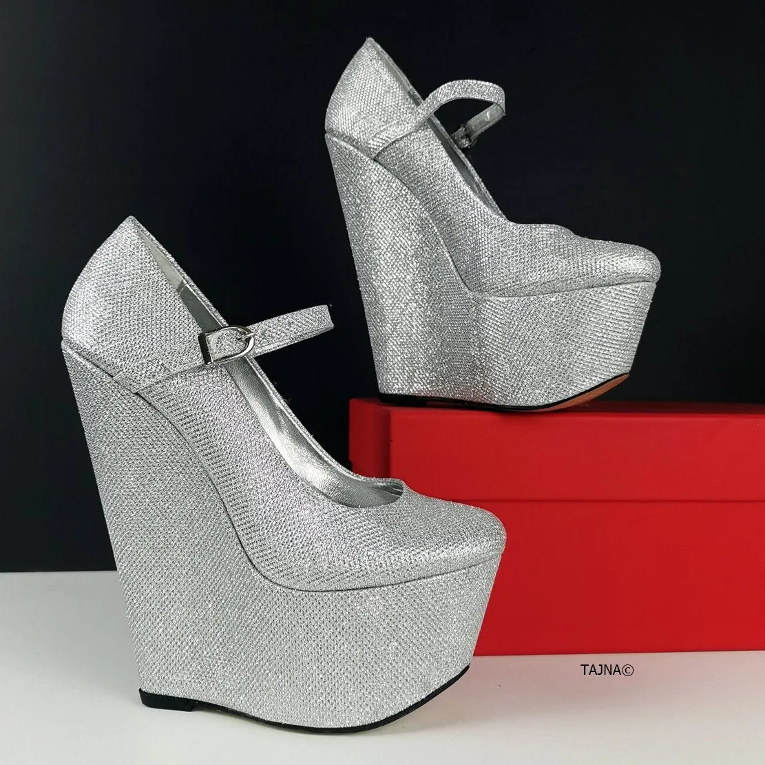 Silver High Heel Mary Jane Wedges