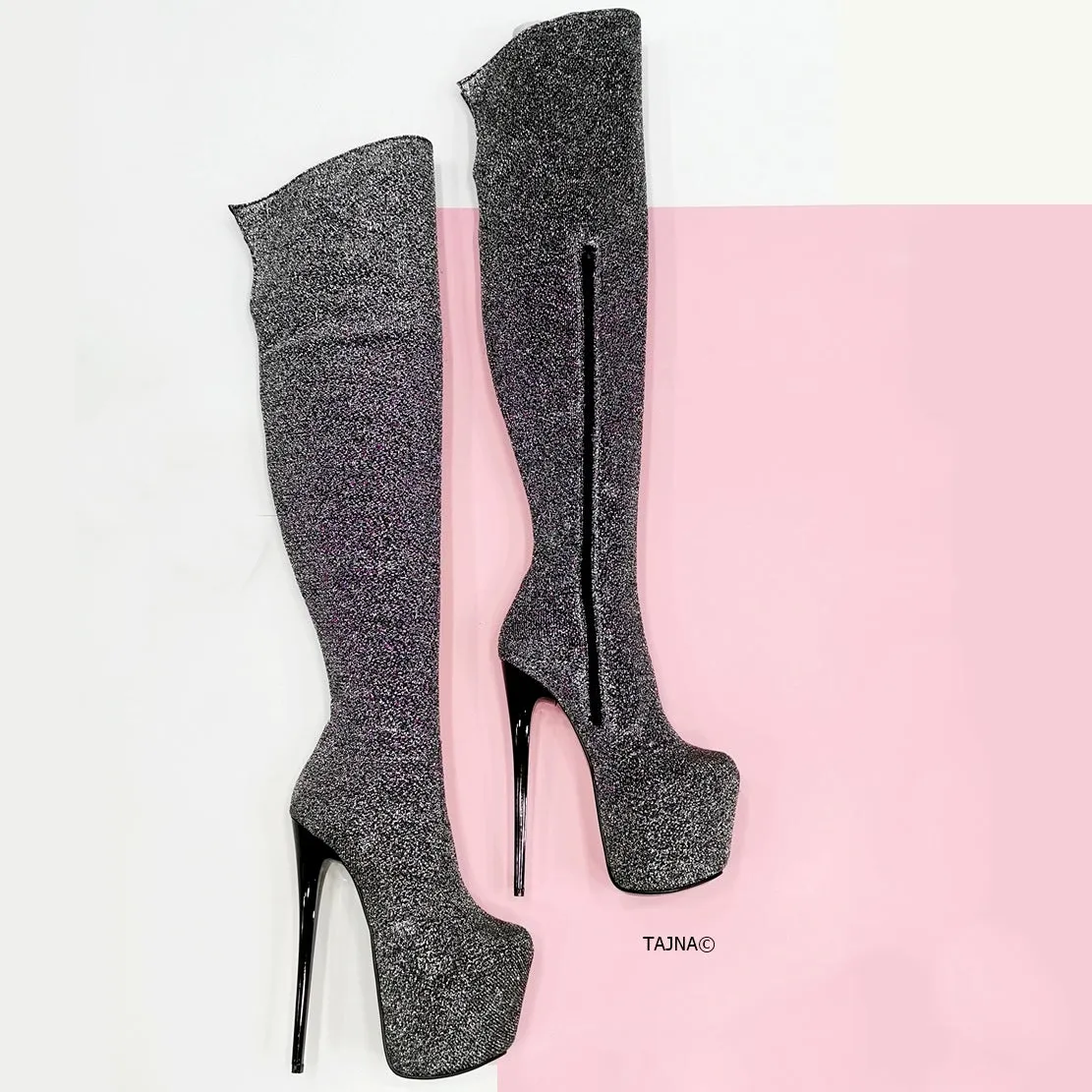 Silver Strech Shiny High Heel Long Boots