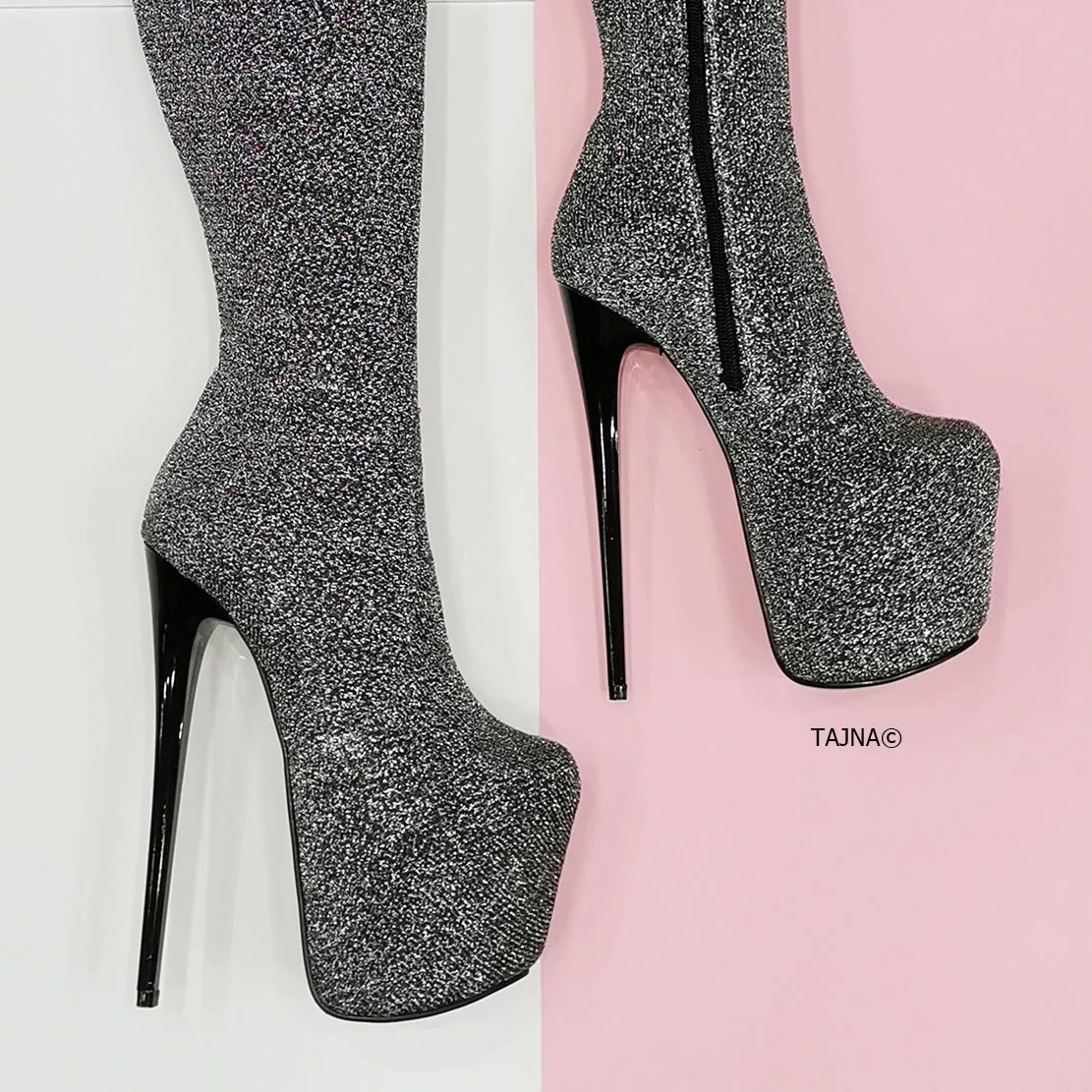 Silver Strech Shiny High Heel Long Boots