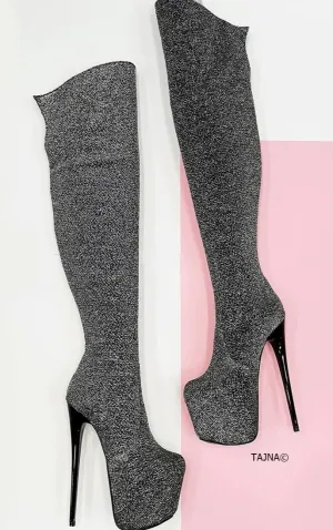 Silver Strech Shiny High Heel Long Boots