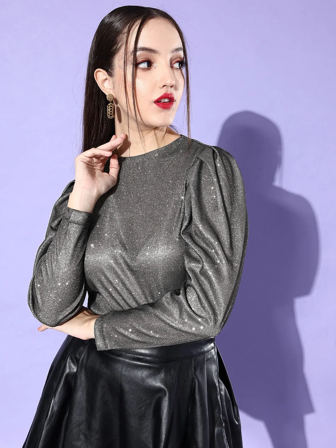 Style Quotient Women Silver Solid Puff Sleeves Top